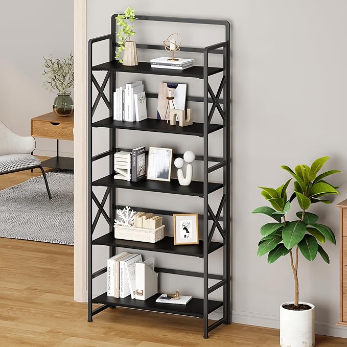 THKKY No Assembly Folding Bookshelf, 5 Tiers Vintage Wood Collapsible Book Shelf for Storage,Industrial Metal Foldable Bookcase Organizer for Living Room Bedroom Home Office (Black)