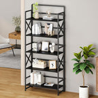 THKKY No Assembly Folding Bookshelf, 5 Tiers Vintage Wood Collapsible Book Shelf for Storage,Industrial Metal Foldable Bookcase Organizer for Living Room Bedroom Home Office (Black)