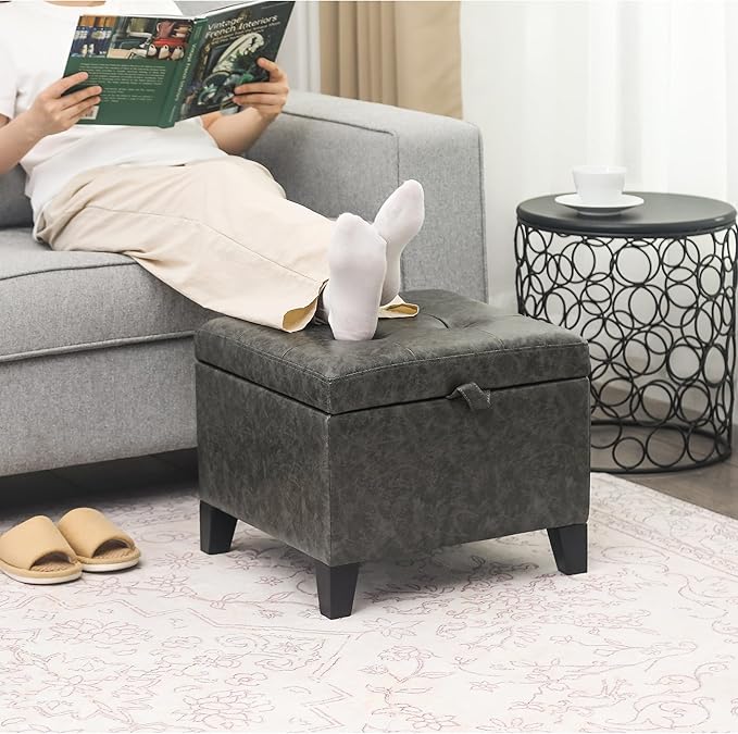 Adeco Small Faux Leather Storage Ottoman Bench with Wood Legs, 15.2" Square Mixed Grey PU Cube Foot Stool, Upholstered Button Tufted Vanity Chair with Hinged Lid for Living Room, Bedroom, Dorm