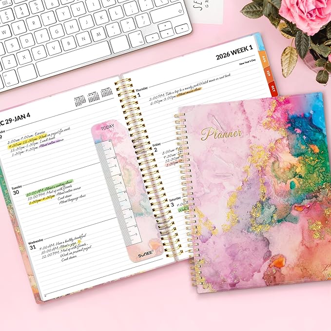 SUNEE 2026 Weekly and Monthly Planner - from January 2026 - December 2026, Daily Agenda Planner with Monthly Tab, Flexible Cover, Note Pages, Pockets, Bookmark, Spiral Binding, Pink Marble, 8.5"x11"