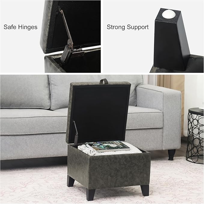 Asense 17 Inch Storage Ottoman Foot Rest,Square Faux Leather Foot Stool,Small Ottoman with Storage,Padded Seat for Entryway,Living Room,Bedroom,Couch,Under Desk,Dark Grey