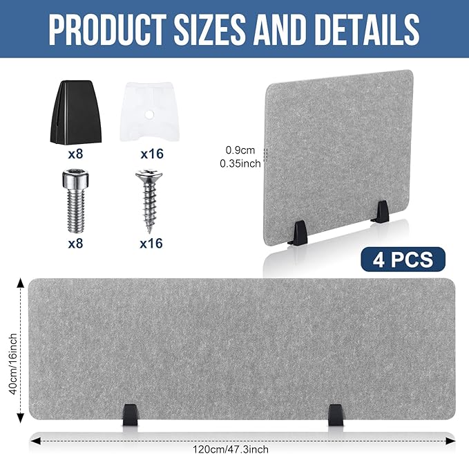 Yaomiao 4 Pack Acoustic Desk Divider Soundproof Desk Privacy Panel Freestanding Partitions Sound Absorbing Divider for Office Reduce Noise and Visual Distractions 47.3" x 16"(Light Gray)