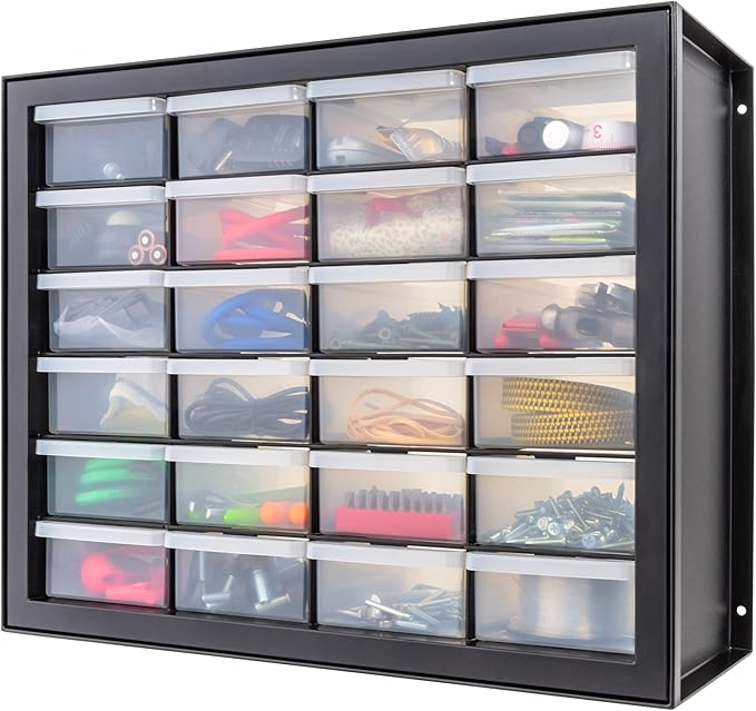 IRIS USA Plastic Storage Drawers, 24-Drawer, Stackable Small Parts Organizer Cabinet for Hardware Screw Nuts and Bolts Sticker Bead Balloon Building Bricks, Teacher Toolbox Garage Storage Bins, Black