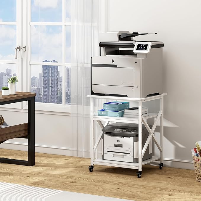 Fannova Large Printer Stand with Height Adjustable Storage Shelf, 23.6 x 23.6 Inches Square Printer Table with Industrial Wheels, Multi-use 3 Tier Rolling Printer Cart for Home Office - White