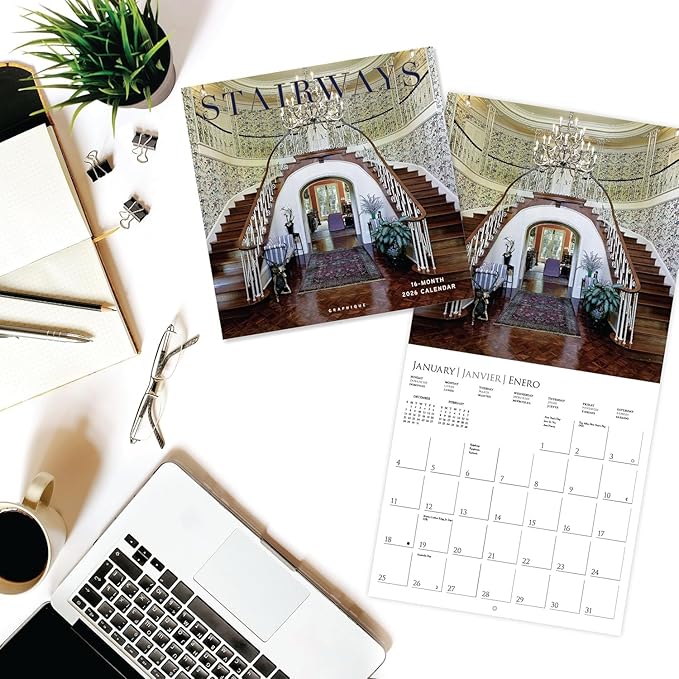 Graphique 2026 Stairways Wall Calendar | 12” x 12” | Thick Paper | Home & Office Organizer | Large Monthly Grid | 3 Languages & Marked Holidays | 4 Month Preview Page for 2027