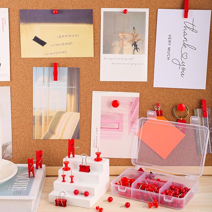 200 Pieces Push Pins, 5 Style Red Thumb Tacks Decorative Push Pins for Cork Board Office Wall Bulletin Board Craft Project Home Supplies
