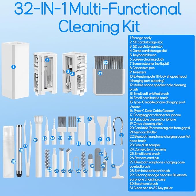 Keyboard Cleaning Kit Laptop Cleaner, 32-in-1 Computer Screen Cleaning Brush Tool, Multi-Function PC Electronic Cleaner Kit Spray for iPad iPhone Pro, Earbuds, Airpods, Camera Lens, Monitor (White)