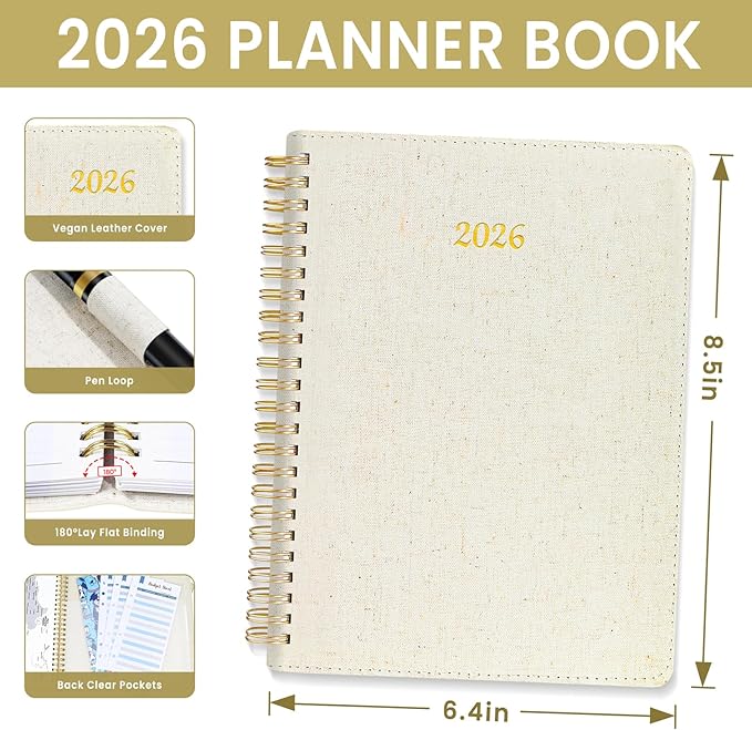 2026 Planner, Annecy Weekly ＆ Monthly Planner 2026, Jan. 2026 – Dec. 2026, 6.4" x 8.5" Monthly Agenda Planner with Tabs, Flexible Linen Cover, Spiral Binding, Double-sided Pocket, Bookmark, Beige