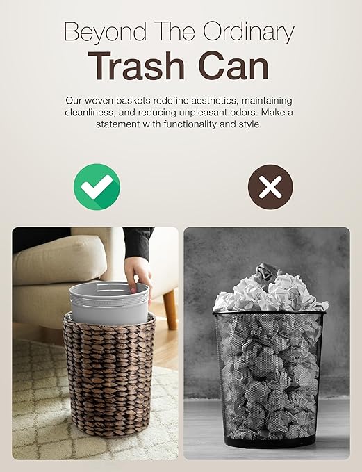 Tidita 2 Gallons Wicker Waste Basket - Water Hyacinth Bathroom Trash Can - Garbage Can with Lid Boho Style - Wicker Trash Can with Lid for Bedroom, Kitchen - Removable Liner, Handwoven (Black Color)