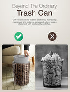 Tidita 2 Gallons Wicker Waste Basket - Water Hyacinth Bathroom Trash Can - Garbage Can with Lid Boho Style - Wicker Trash Can with Lid for Bedroom, Kitchen - Removable Liner, Handwoven (Black Color)