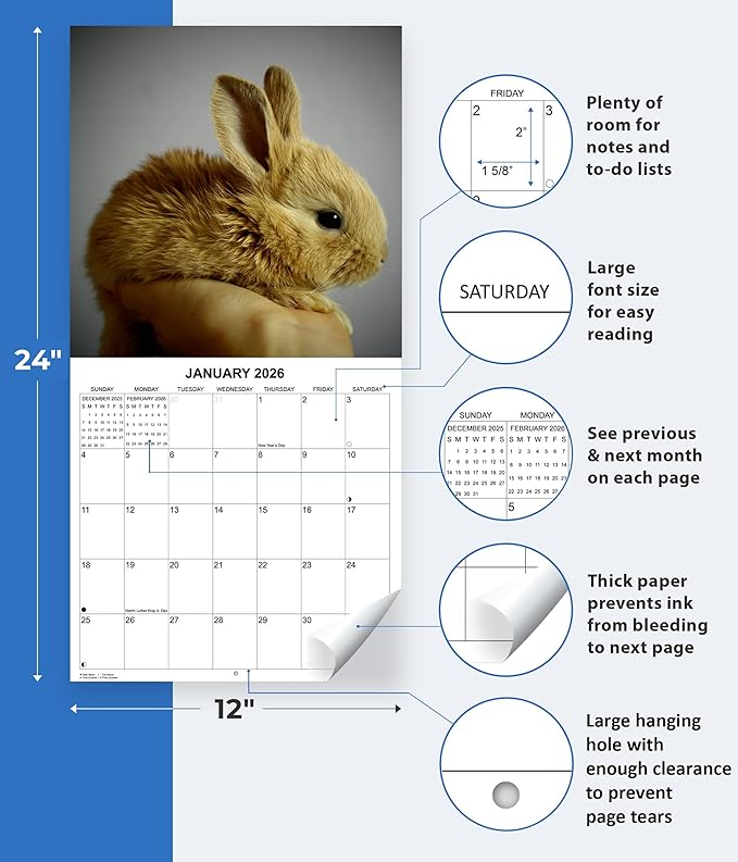 2026 Bunnies Monthly Wall Calendar | Cute Rabbit Animals Calendar 2025-2026