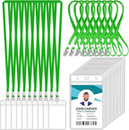 100 Pcs Clear Vertical Badge Id Card and 100 Pcs Lanyard, Reusable Lanyards for Id Badge Holder Name Tag Badge Holder with Lanyards for Adults Kids Business School Conferences (Green)