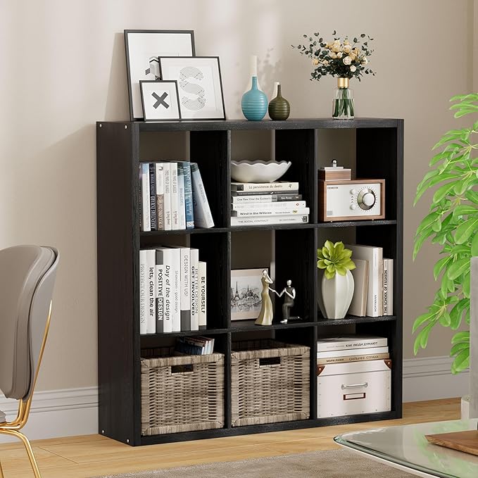 Jpiziso 9-Cube Storage Organizer, Wooden Cube Shelf Bookcase with Reinforced Thick Shelves, Heavy-Duty 36.93" L x 9.37" W x 36.93" H, for Living Room Bedroom Home Office, Black