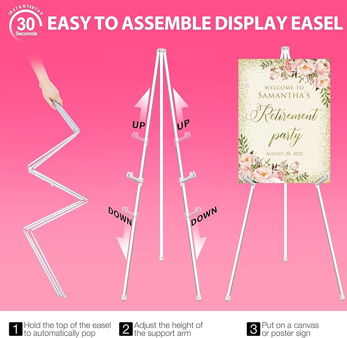 VAIIGO 63" White Easel Stand for Wedding Sign Poster Display Easel Folding Art Easel for Floor Adjustable Metal Easel Instant Tripod Easel for Display Painting Wedding Shower Sign Easel, 1Pack