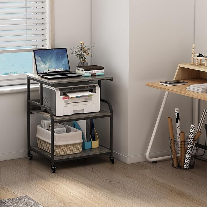 Fannova Large Printer Stand Table 23.6 x18.9 x 30 Inches with Height Adjustable Storage Shelf, 3 Tier Rolling Printer Cart with Wheels for Home Office, Gray