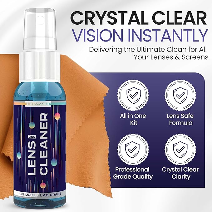 ULTRAVUE Eyeglass Gel Lens Cleaner Spray Kit - 3 x 1oz Gel Eyeglasses Cleaner Spray Bottle + 2 Microfiber Cloth for Cleaning - Safe for All Lenses (AR Coated Included), Eyeglasses and Screens