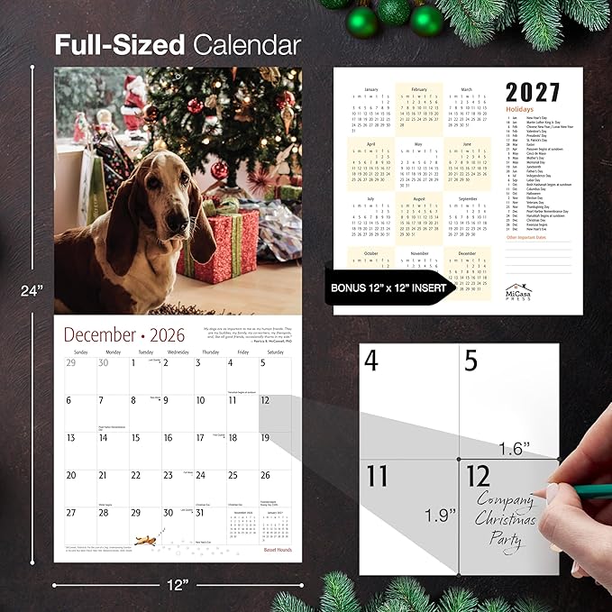 MICASA PRESS Basset Hounds 2026 Wall Calendar 12 Month | 12" x 24" Open | Thick & Sturdy Paper | Holiday Gift | Cute Puppy Dog Calendar 2026