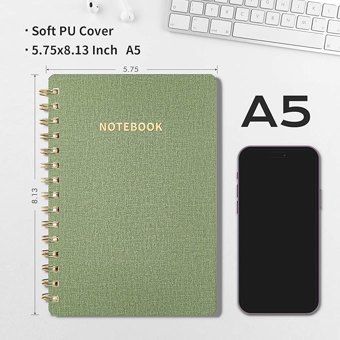 Spiral Notebook-5.75" x 8.125" College Ruled Journal with Inner Pockets and 160 Pages,PU Leather Cover Business Journal, Twin-Wire Binding Notebook Perfect for Office & Home School Supplies 3 pack ArmyGreen ReefBlue Black