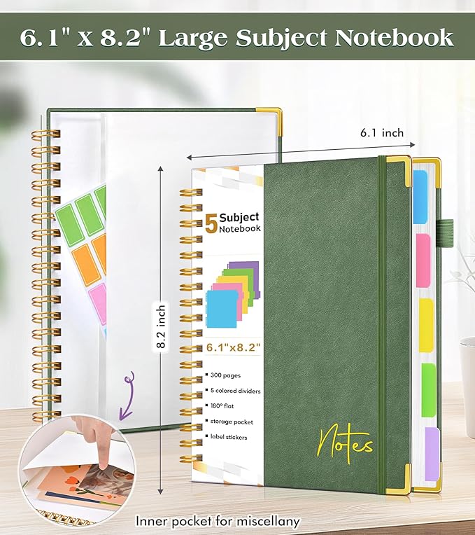 Spiral Notebook Journal with Removable Dividers Tabs, 300 Pages Hardcover Leather 5 Subject College Ruled Notebook, 6.1"x8.2" A5 Lined Journal for Women Men, Spiral Notebook for Work School,Green