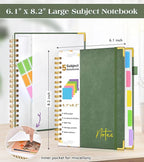 Spiral Notebook Journal with Removable Dividers Tabs, 300 Pages Hardcover Leather 5 Subject College Ruled Notebook, 6.1"x8.2" A5 Lined Journal for Women Men, Spiral Notebook for Work School,Green