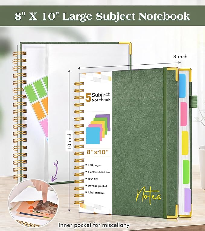 Spiral Notebook Journal with Removable Dividers Tabs, 300 Pages Hardcover Leather 5 Subject College Ruled Notebook, 8"x10" Large B5 Lined Journal for Women Men, Spiral Notebooks for Work School, Green
