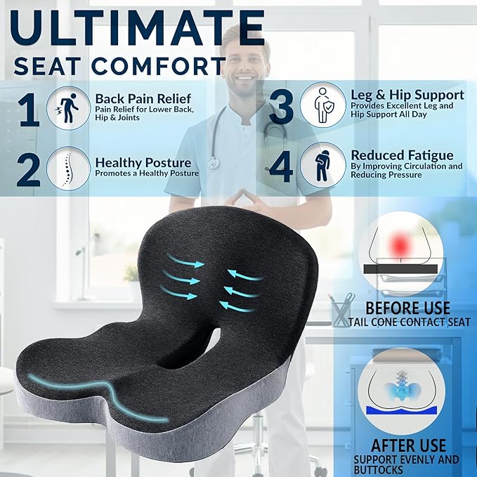 dunlips Memory Foam Seat Cushion for Truck Drivers, Office Chairs Ergonomic Seat Cushion for Back, Tailbone Sciatica Pain Relief, Pressure Relief Pad for Long Sitting, Car Seat Desk Chair Use (Gray)
