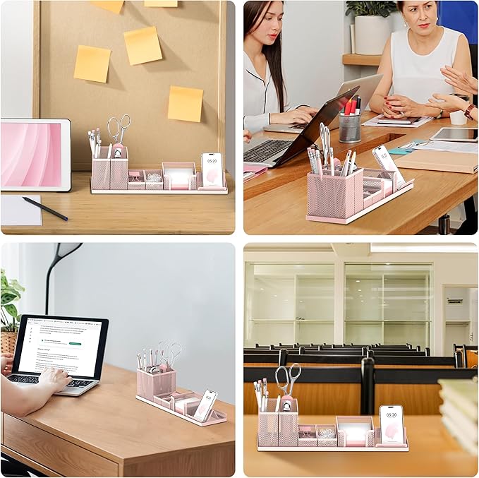 SUPEASY Pen Holder for Desk, 6 Piece Mesh Desk Organizer set for Office Organization with Mail Organizer, Letter Phone Holder, Sticky Notes Caddy Storage, Pink