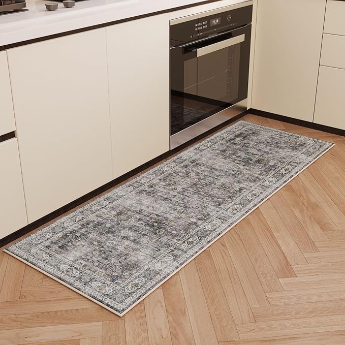 Rugcomf Runner Rug for Hallways Kitchen Non Slip 2'x 6' Washable Rugs with Rubber Backing Soft Floral Carpet for Hallways, Kitchen, Laundry, Bedroom, Bathroom(Grey)