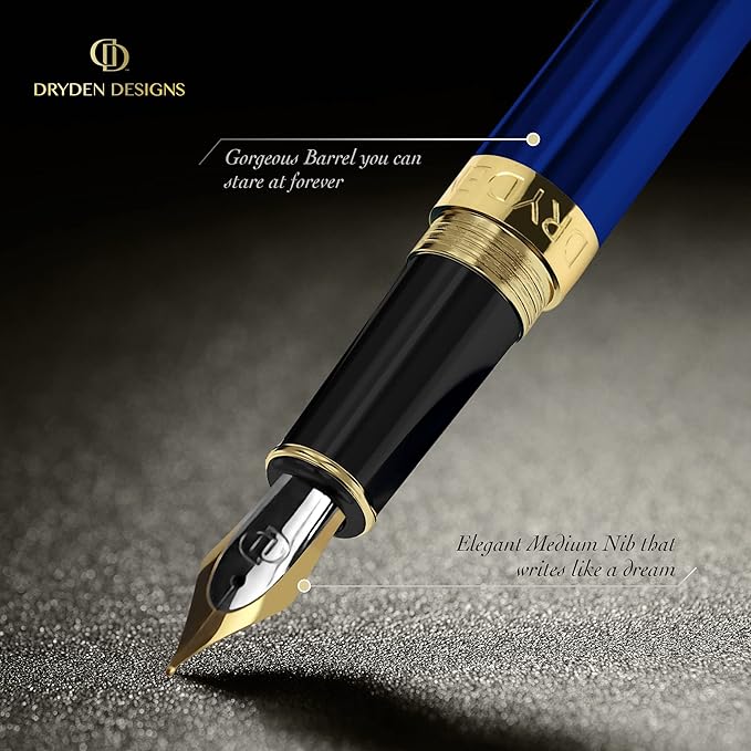 Dryden Designs Fountain Pen - Medium and Fine Nibs | Includes 24 Ink Cartridges and Ink Refill Converter | Calligraphy Pen, Consistent Writing, Smooth Flow - Mysterious Blue