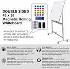 Max-officoo Mobile Whiteboard Magnet Dry Erase Board on Wheels Double-Sided Magnetic Portable Stand Whiteboard- 48"x36" Rolling White Boards with Easy Flip Feature