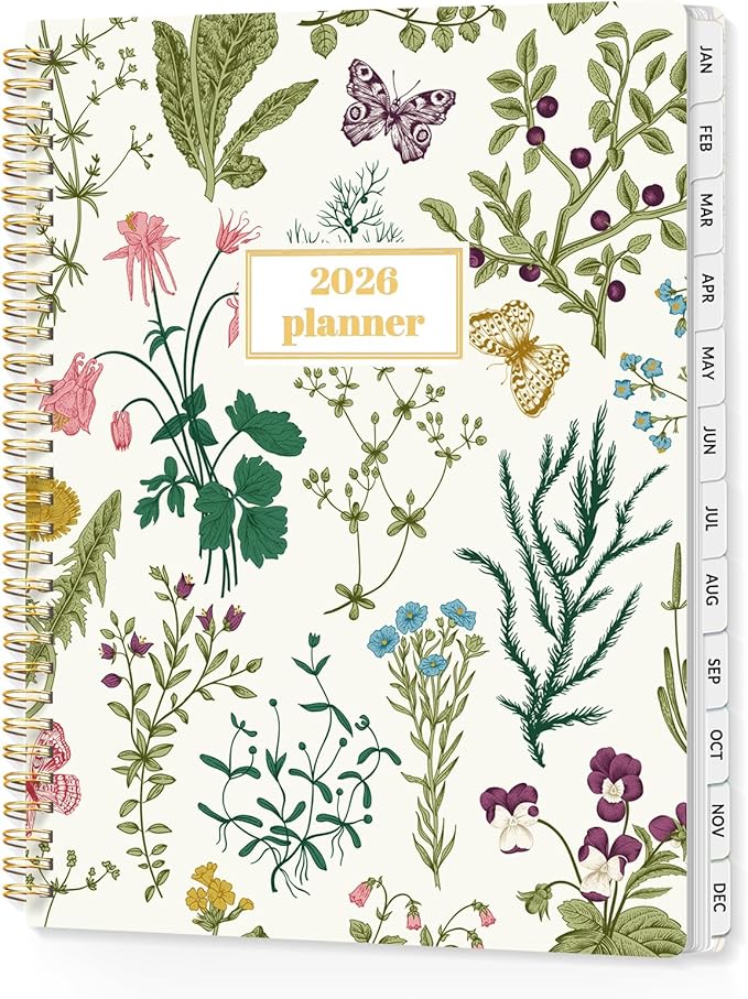 SUNEE 2026 Planner, Weekly and Monthly Calendar Planner, January 2026-December 2026, Daily Agenda with Tabs, Note Pages, Spiral Binding, 8.5"x11", Flora