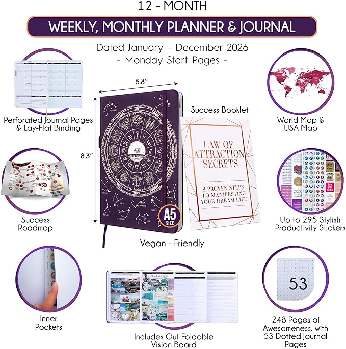 Law of Attraction Planner 2026 Deluxe with Productivity App | Weekly & Monthly Goal-Setting Planner, Life & Gratitude Journal | Include Foldable Vision Board, Gift Box & Stickers