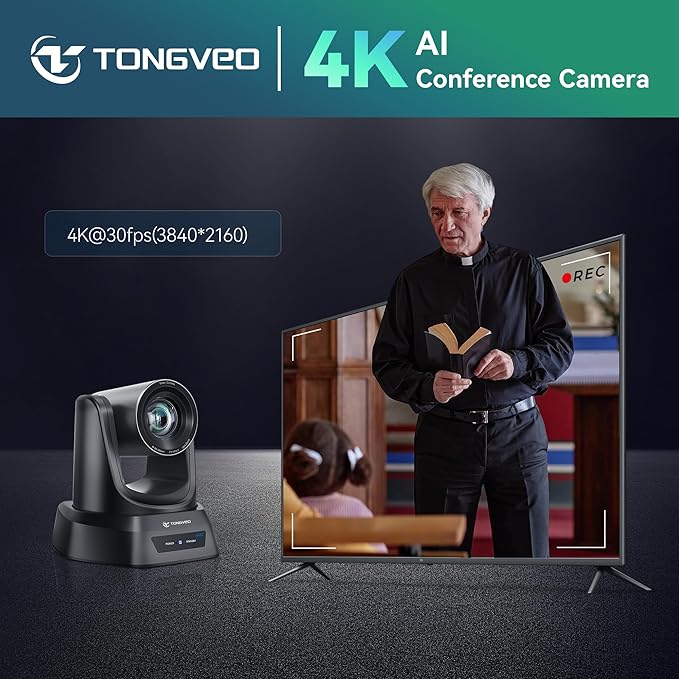 TONGVEO 4K AI PTZ Camera with Auto Tracking and 20X Optical Zoom, Conference Room Webcam with HDMI/USB3.0/LAN/PoE, Ideal for Church Worship, Zoom Meetings, Live Streaming and Education