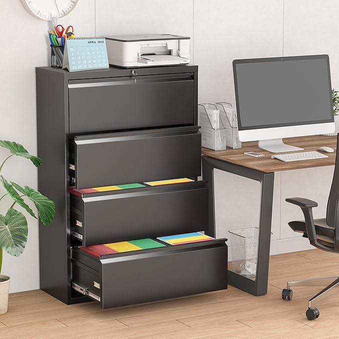 Pataku 4 Drawer File Cabinet with Lock, Metal Lateral File Cabinets for Home Office 4 Drawer, Locking Filling Cabinets for Hanging Files Letter/Legal/F4/A4 Size (4Drawer/Black)