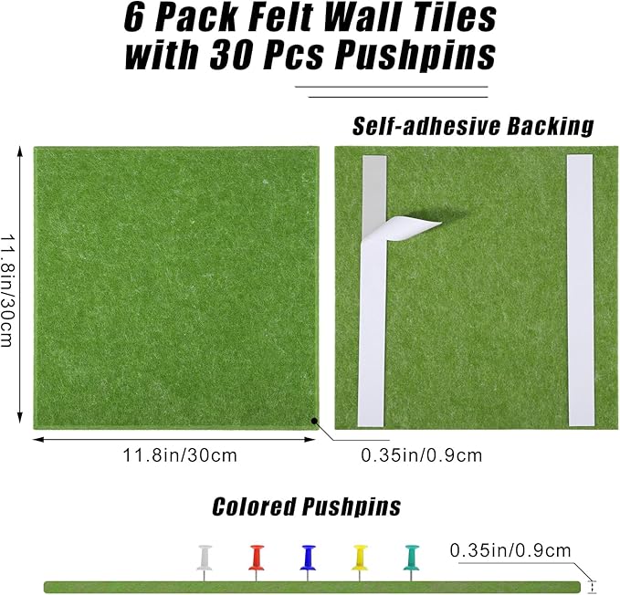 Large Cork Board 36" x 24", 6 Pack Felt Wall Tiles with Colored Pushpins, Bulletin Board with Removable Self-Adhesive Strips, Pin Board Cork Boards for Walls Office Home-Forest Green