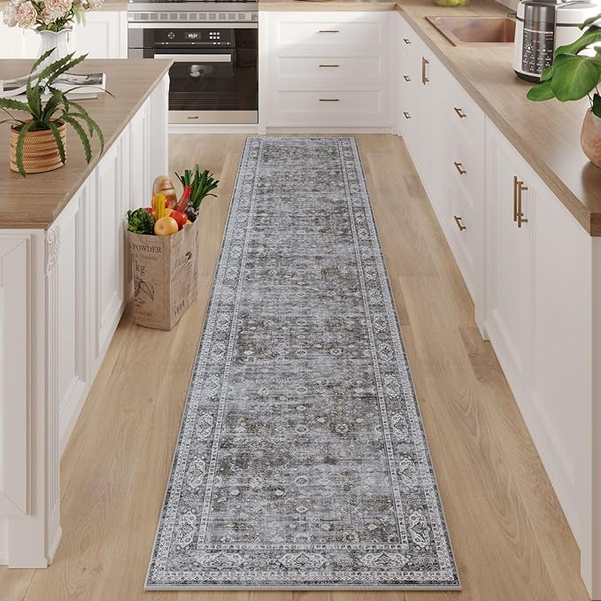 Rugcomf Long Hallway Runner Rug 2'7"x14' - Vintage Washable Non Slip Runner Rug, Boho Carpet for Hallways, Kitchen, Entryway, Hall, Bathroom - Grey