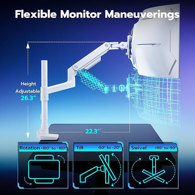 ARES WING Single Monitor Arm Desk Mount for 17-49 Inch Ultrawide Monitors, Heavy Duty Single Monitor Arm Holds 44 lbs, Full Motion Gas Spring Vertical Desk Mount, 75/100 VESA Mount, White