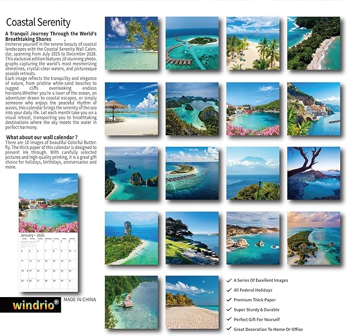 2026 Wall Calendar,Calendar 2026, July 2025 - December 2026, Wall Calendar Coastal Serenity, 12" x 24" Opened,Full Page Months Thick & Sturdy Paper for Gift Perfect Calendar Organizing & Planning