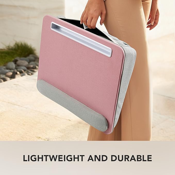 HUANUO Lap Laptop Desk - Portable Lap Desk with Pillow Cushion, Fits up to 15.6 inch Laptop, with Anti-Slip Strip & Storage Function for Home Office Students Use as Computer Laptop Stand - Pink