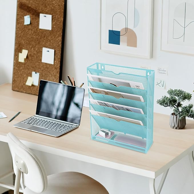 EASEPRES 6 Tier Mesh Hanging Wall File Organizer, Desk Vertical Mail Paper Document Folder Holder Rack with Bottom Tray and Nametag Label for Office Home School, Blue