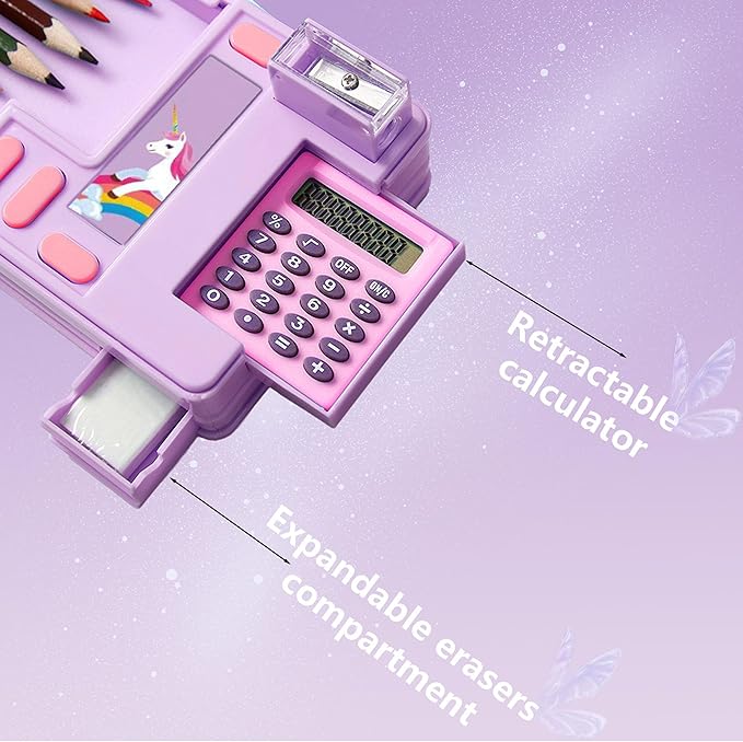 Pop Up Multifunction Pencil Case, Cute Cartoon Pen Box Organizer Stationery with Calculators, Sharpener, Schedule, School Supplies, Best Birthday Gifts for Kids