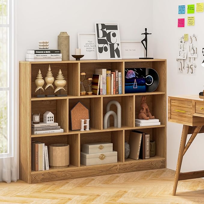 Tangkula 10-Cube Bookshelf, 55”L Floor Bookcase with 2 Anti-Tipping Kits, Freestanding Storage Organizer, 4-Tier Display Shelf for Home, Office & Dorms, Natural/White (Natural, 10-Cube-Large)
