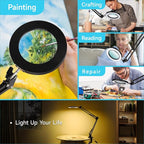 LED Magnifier Desk Lamp with Stand, 3 Color Modes & Stepless Dimming 5-Diopter Glass Lens, Adjustable Swivel Arm - Magnifying lamp for Close Work, Repair, Crafts, Reading - Long