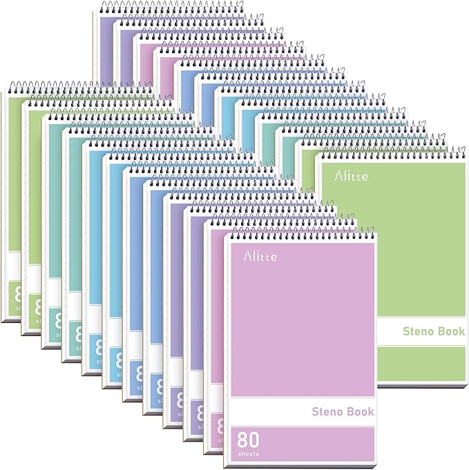 Alitte Steno Pads Spiral 6x9-24 Pack Pastel Colors - Perfect for Work, School, and Home Use, Easy Tear-Off Pages, Gregg ruled, White Paper - No Ink Bleeds - 80 Sheets