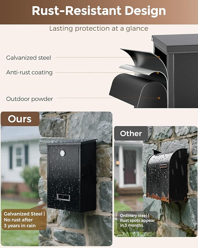 LAND·VOI Locking Wall-Mount Mailbox for Outside, with 4 Keys, Galvanized Steel Rustproof Metal Postbox, 3.1" Dx7.5 Wx10.8 H, Includes 3 Sets of Mailbox Numbers, Nameplate, Black, AMB32B
