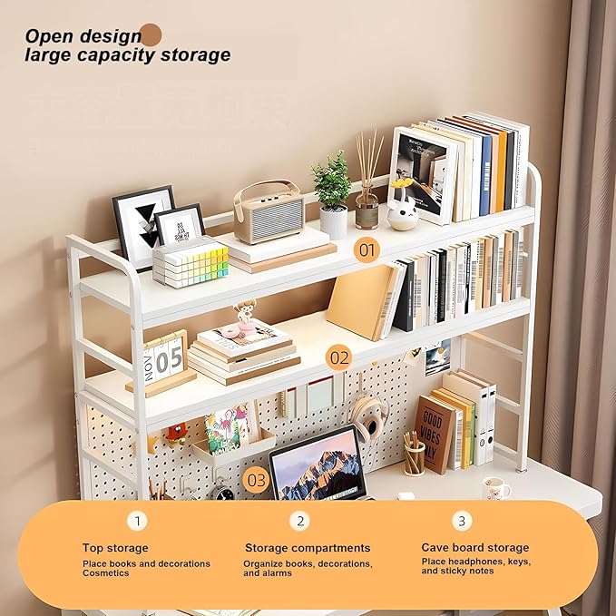 ZWCQSYS 2-Tier Desktop Bookshelf Hutch - Metal Desk Shelf Bookcase with Desk Pegboard Countertop Storage Organizer Rack for Dorm or Office (B, 90cm/35.4in)