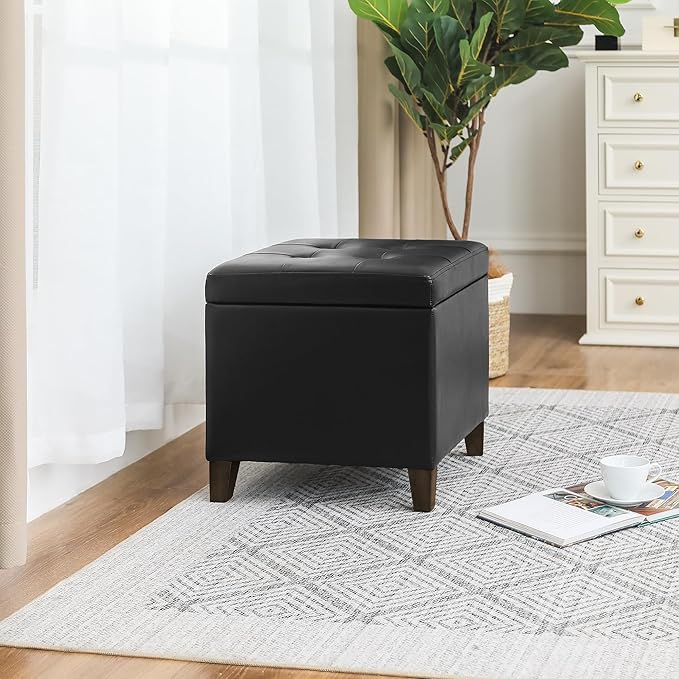 Adeco Black Faux Leather Storage Ottoman Bench with Solid Wood Legs, 18.8" Square Black PU Cube Foot Stool, Upholstered Button Tufted Vanity Chair with Hinged Lid for Living Room, Bedroom, Dorm