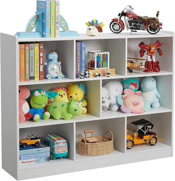Onirw 3-Tier Bookshelf, 8-Section Wooden Bookcase, Storage Organizer with Anti-Tilt Device, Modern Storage Display Cabinet for Living Room, Classroom, Kid’s Room (White)