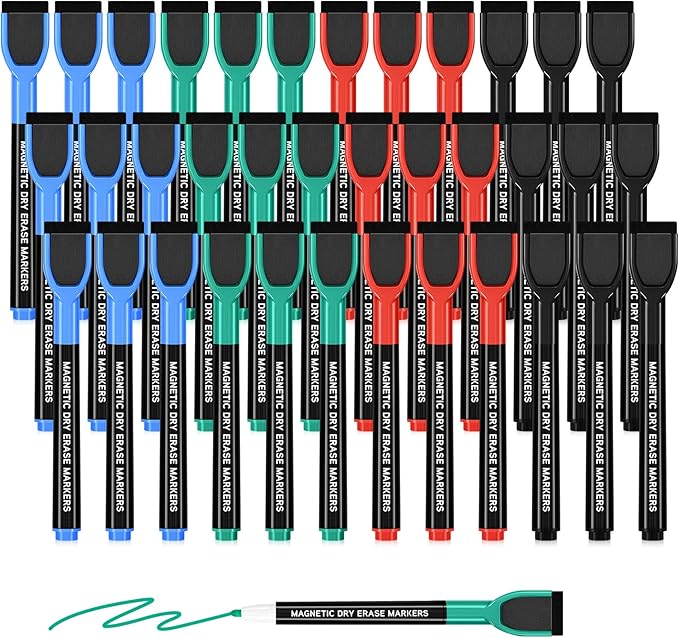 SUQJOY Magnetic Dry Erase Markers with Eraser Caps, Fine Tip 1-2mm, Low Odor Quick Dry Ink, 4 Colors Black Blue Red Green, Whiteboard Marker Set for Fridge Calendar Office, 36 Count