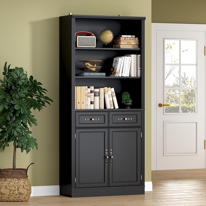 BORNOON 71.4" Tall Bookshelf with Drawers & Cabinet, 5-Tier Floor Standing Bookcase with Storage Doors, Adjustable Shelves & Metal Handles, 31.5" Wide Organizer for Home Office, Living Room